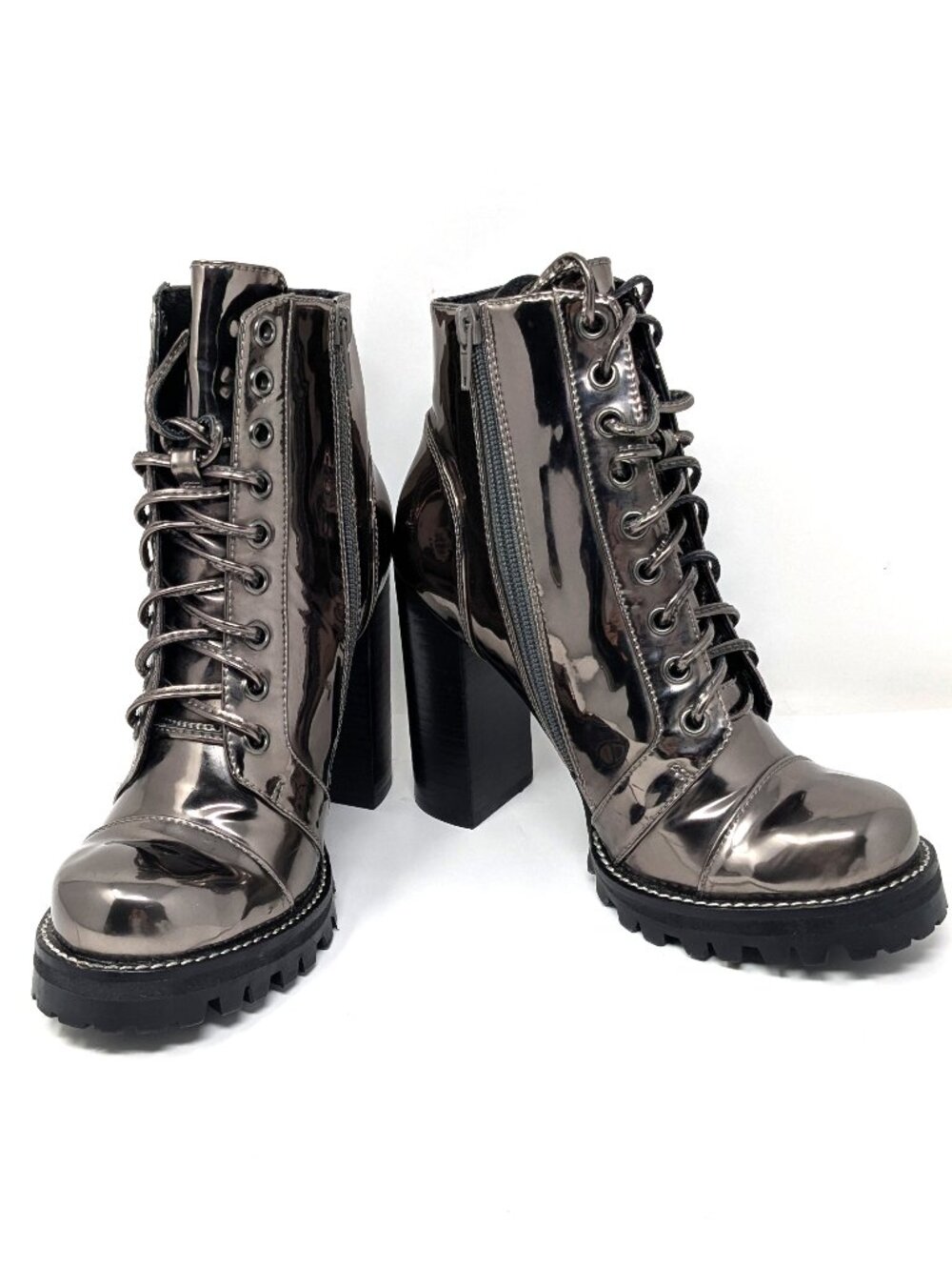 Jeffrey Campbell Metallic Pewter Lace Up Chunky Ankle Boots "Legion" Size 6M